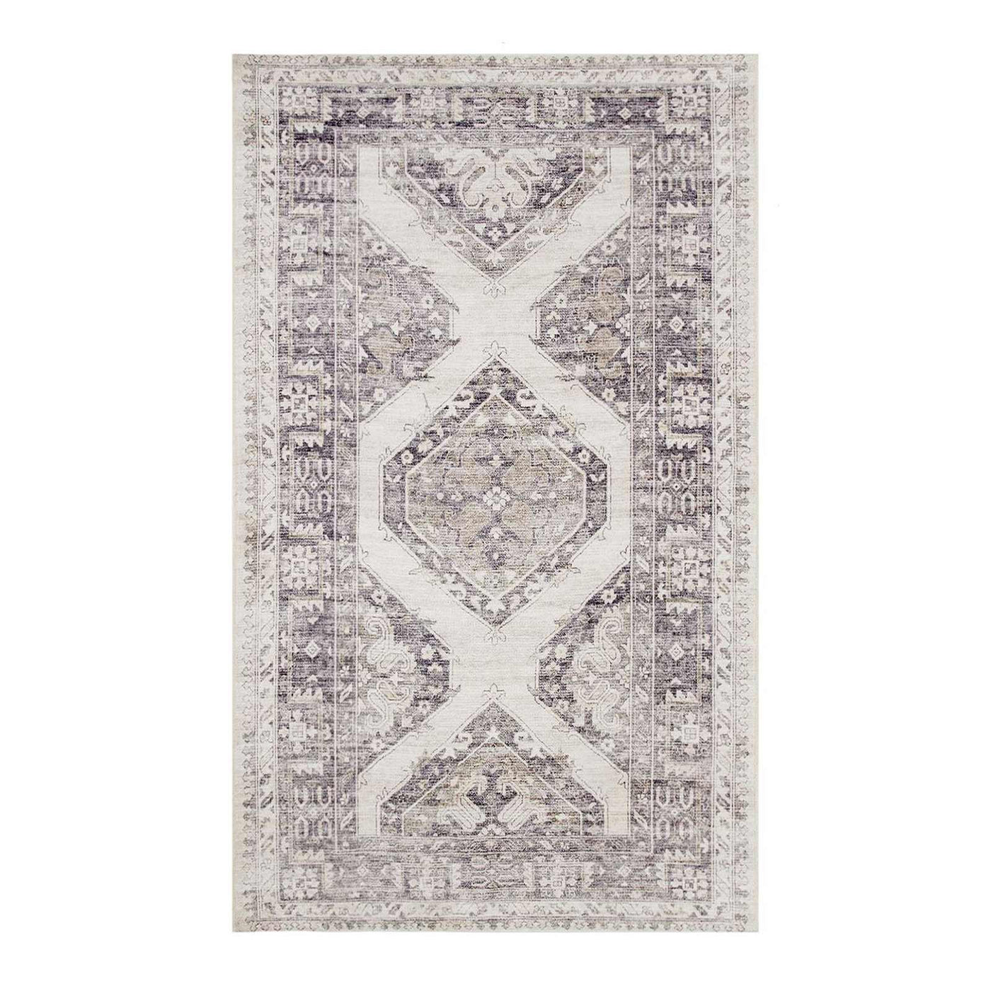 Grey White Floral Washable Accent Rug