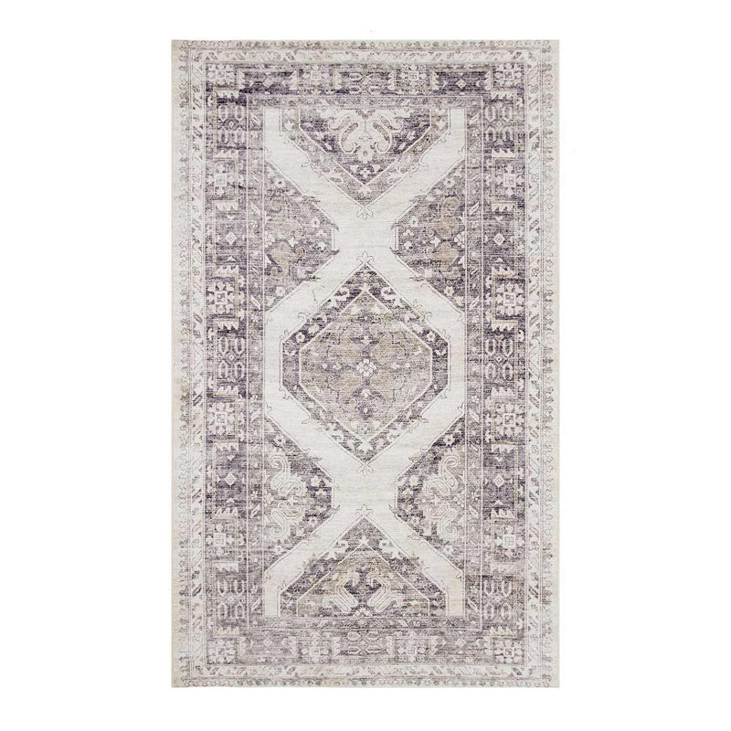 Grey White Floral Washable Accent Rug