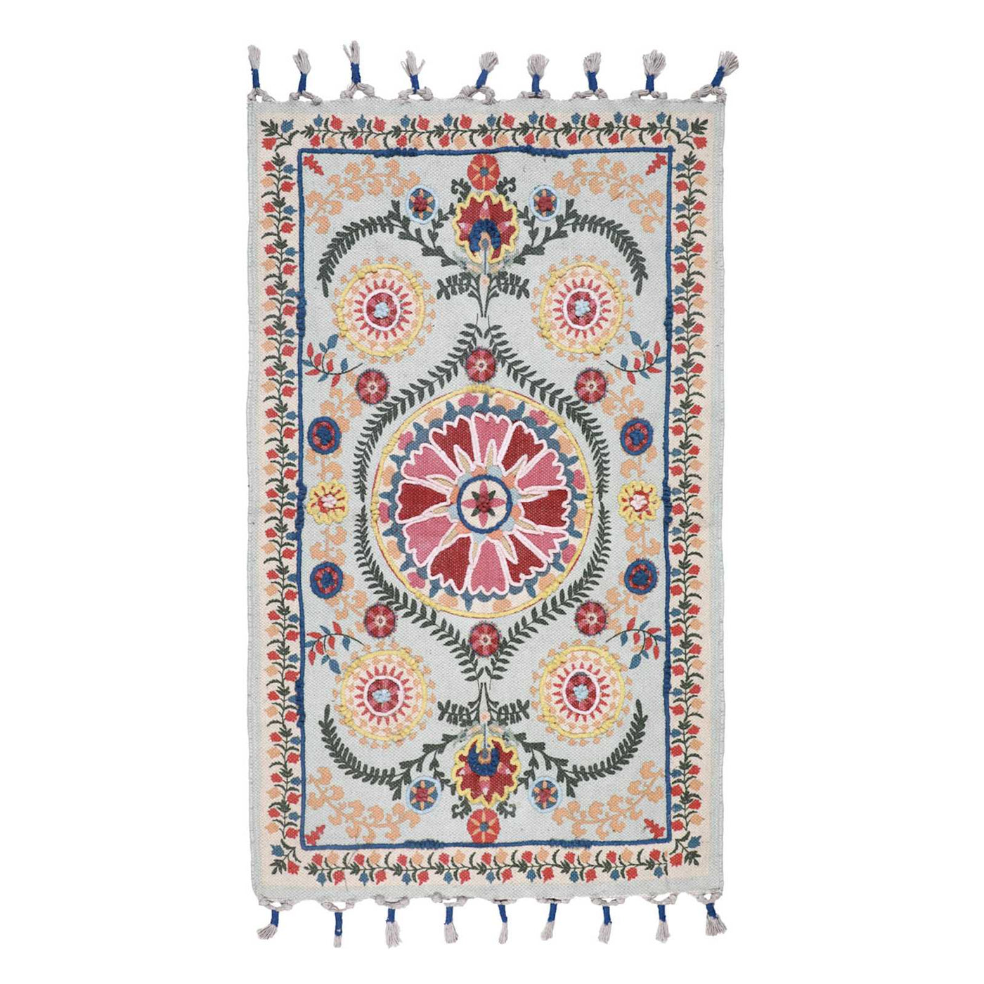 Blue Pink Medallion Embroidered Accent Rug
