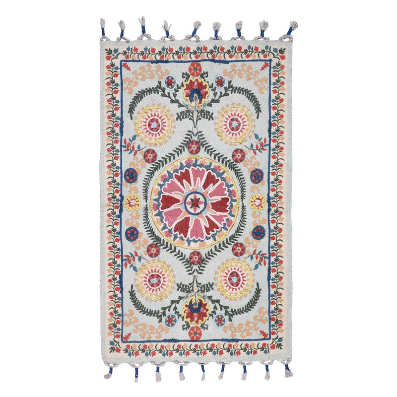 Blue Pink Medallion Embroidered Accent Rug