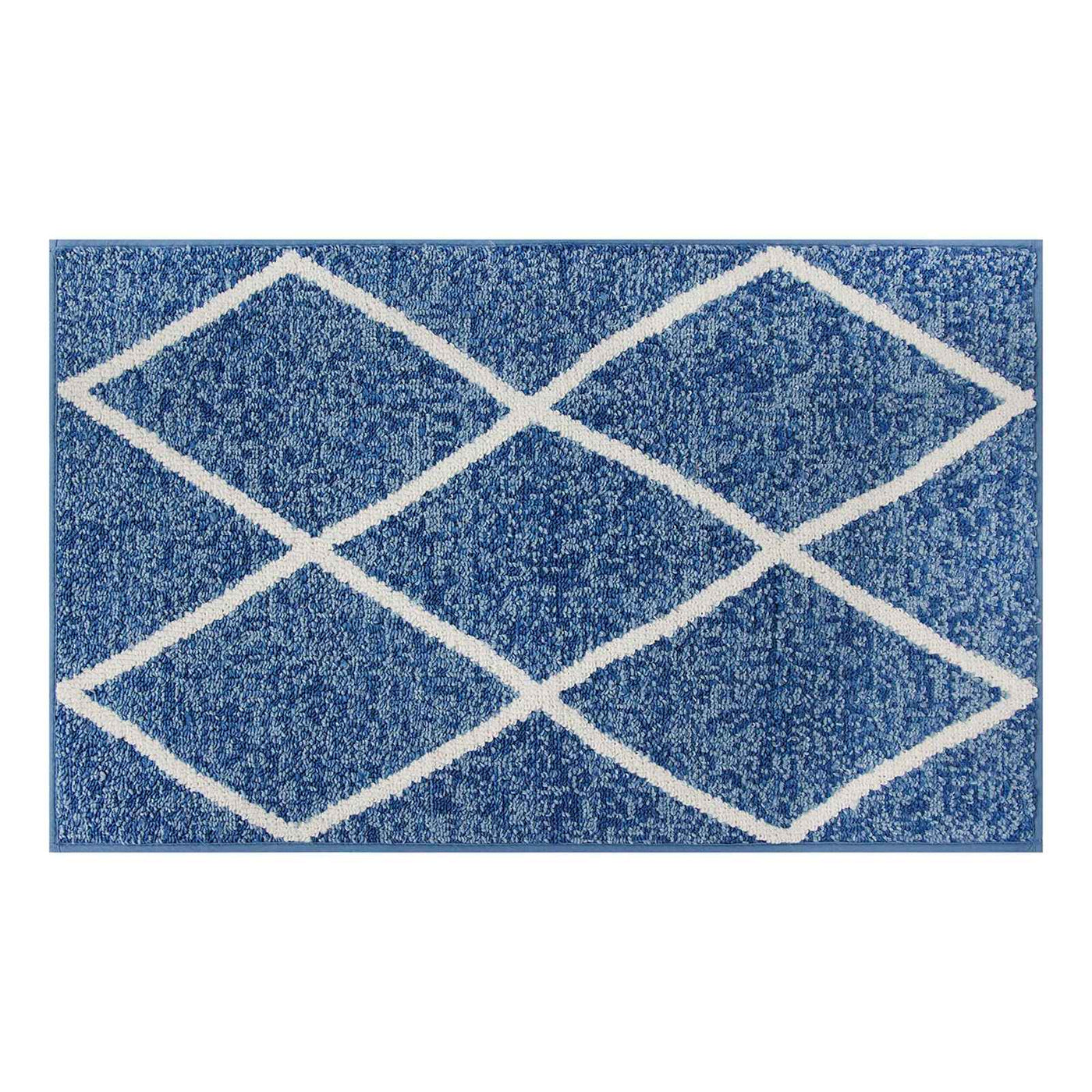 Blue White Knitted Diamond Gel Back Washable Accent Rug