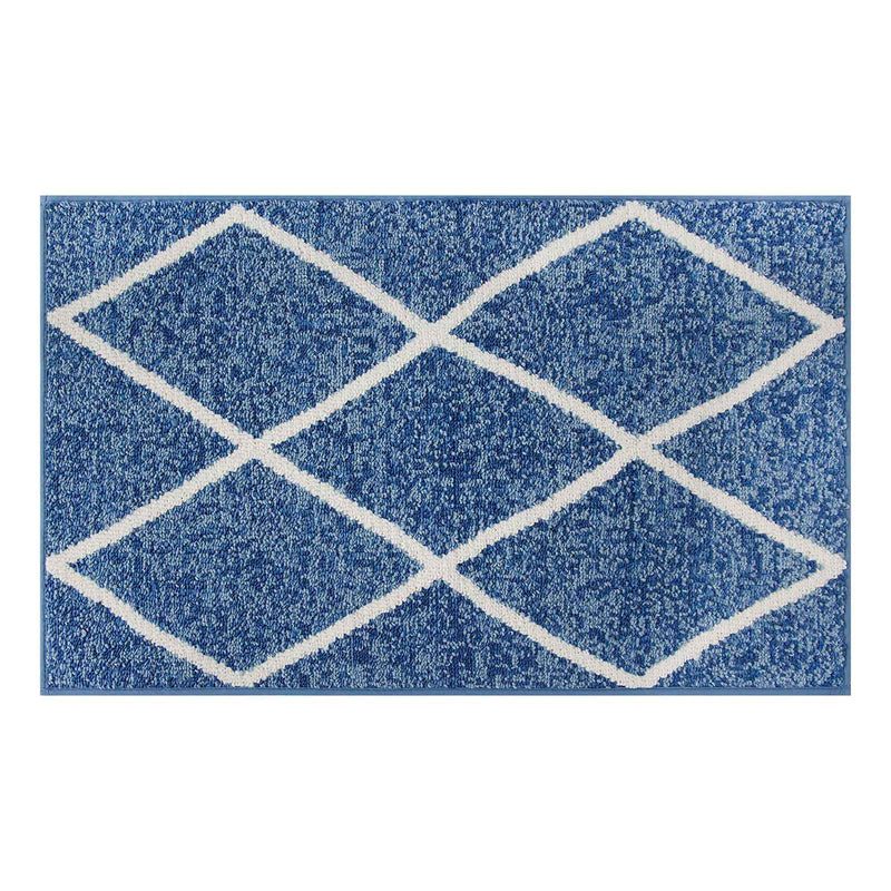 Blue White Knitted Diamond Gel Back Washable Accent Rug