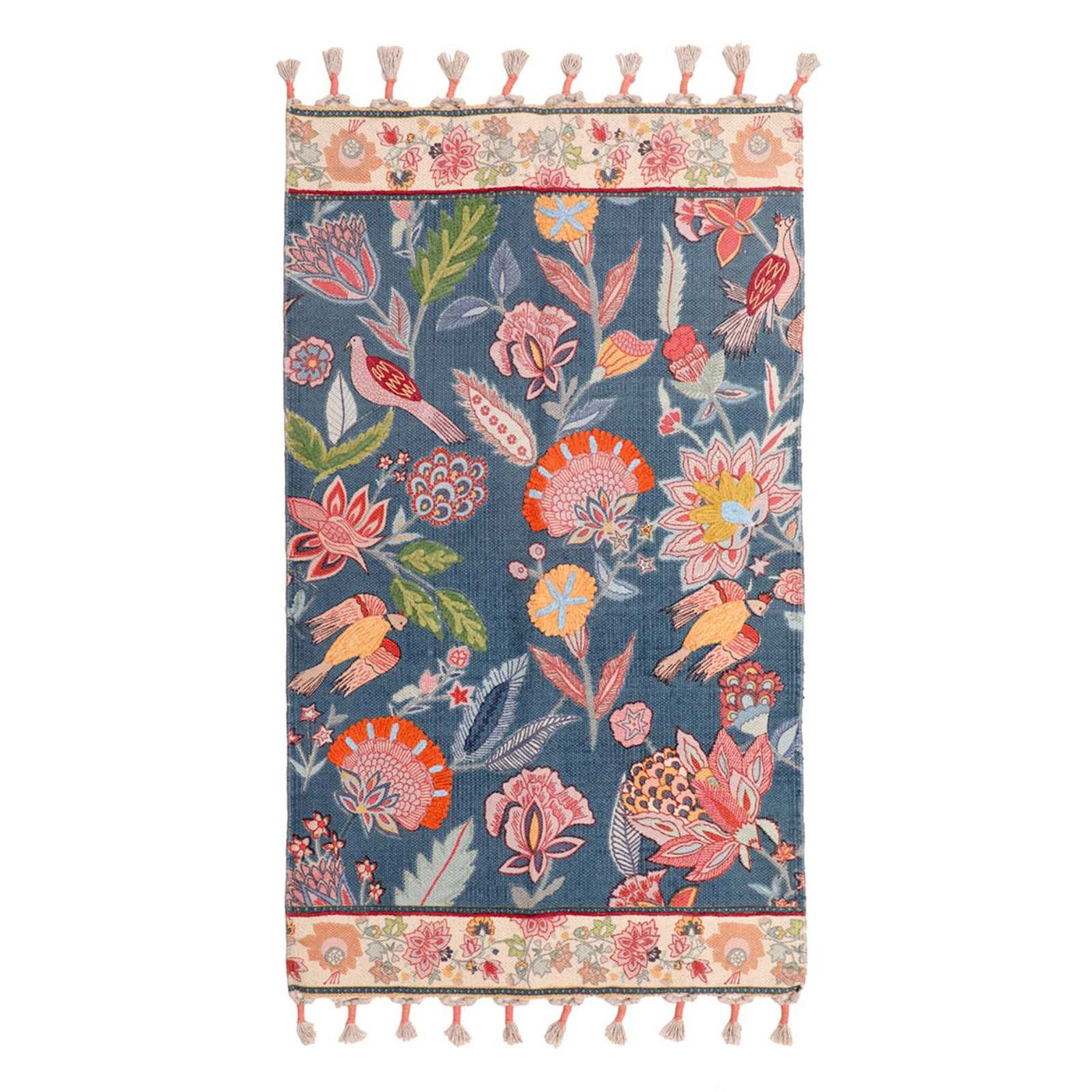 Floral & Bird Embroidered Blue Accent Rug