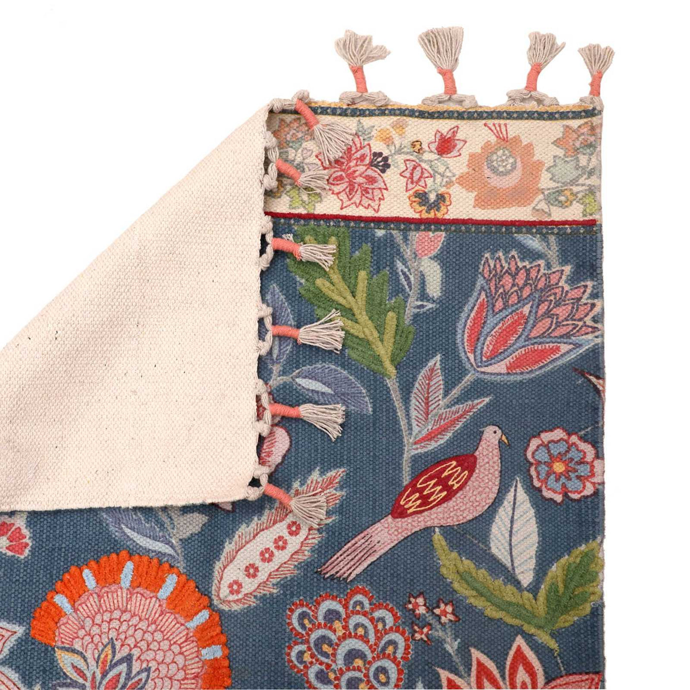 Floral & Bird Embroidered Blue Accent Rug — detail view 2