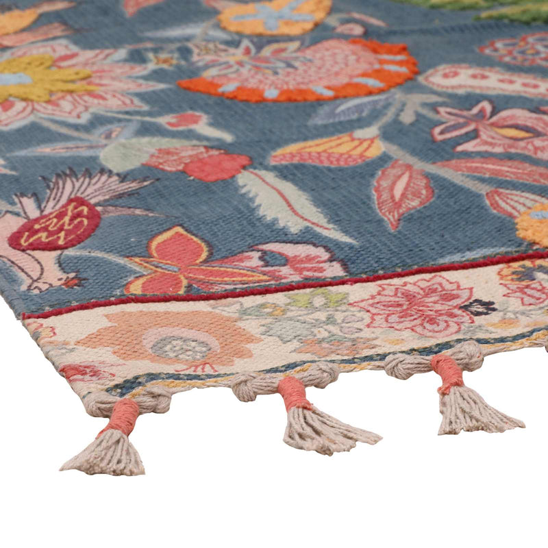 Floral & Bird Embroidered Blue Accent Rug
