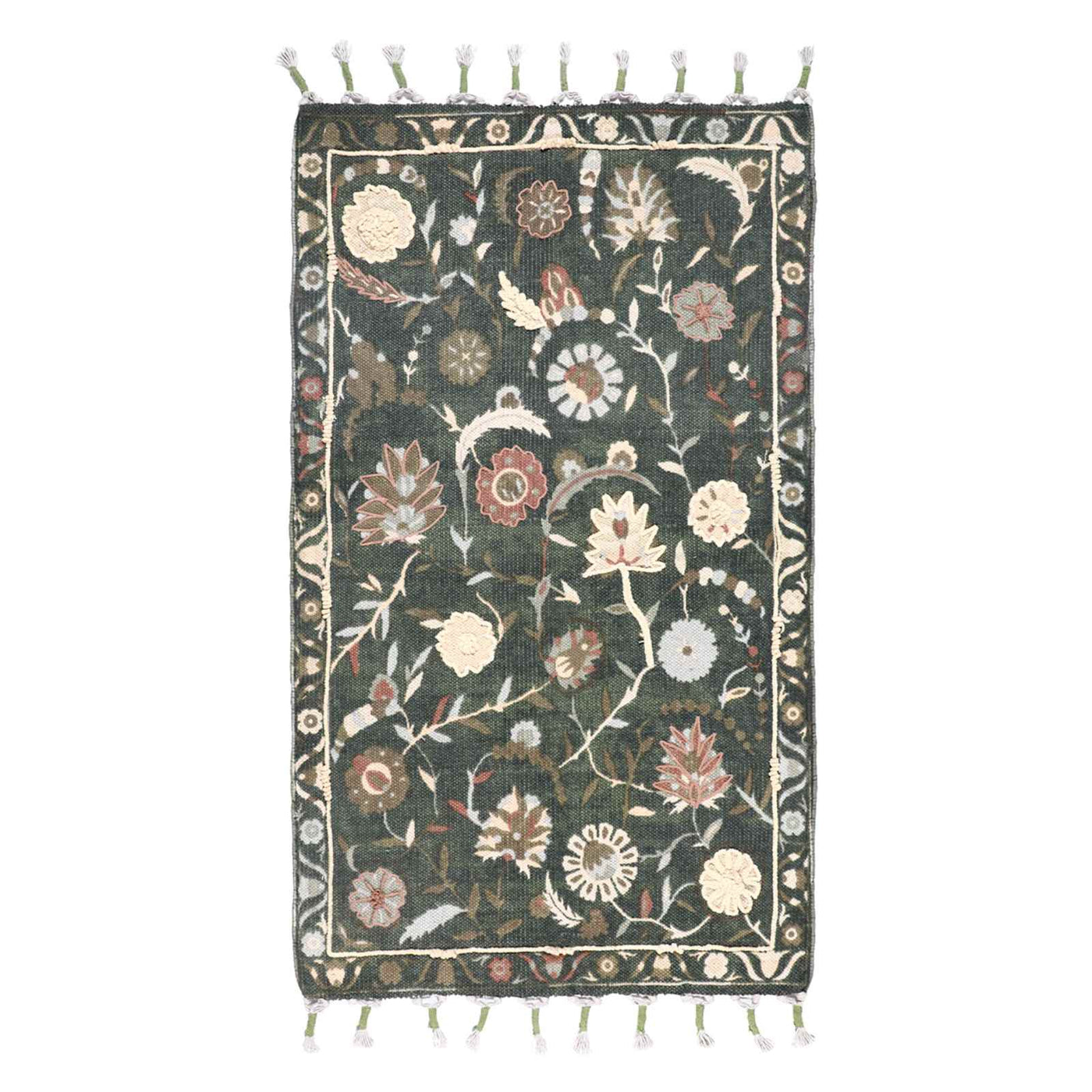 Green Floral Embroidered Accent Rug