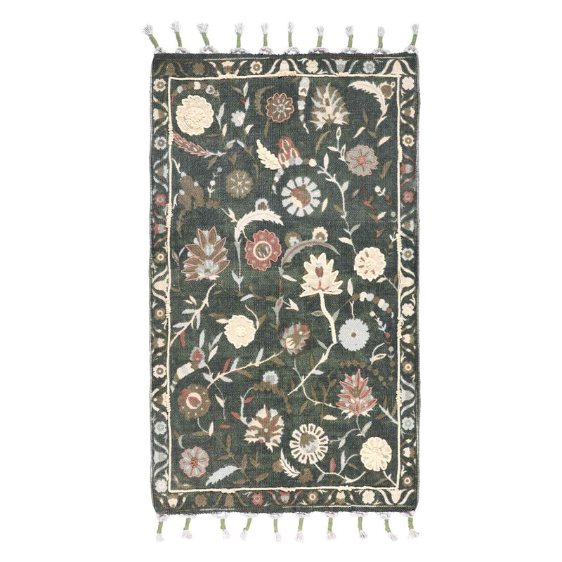 Green Floral Embroidered Accent Rug