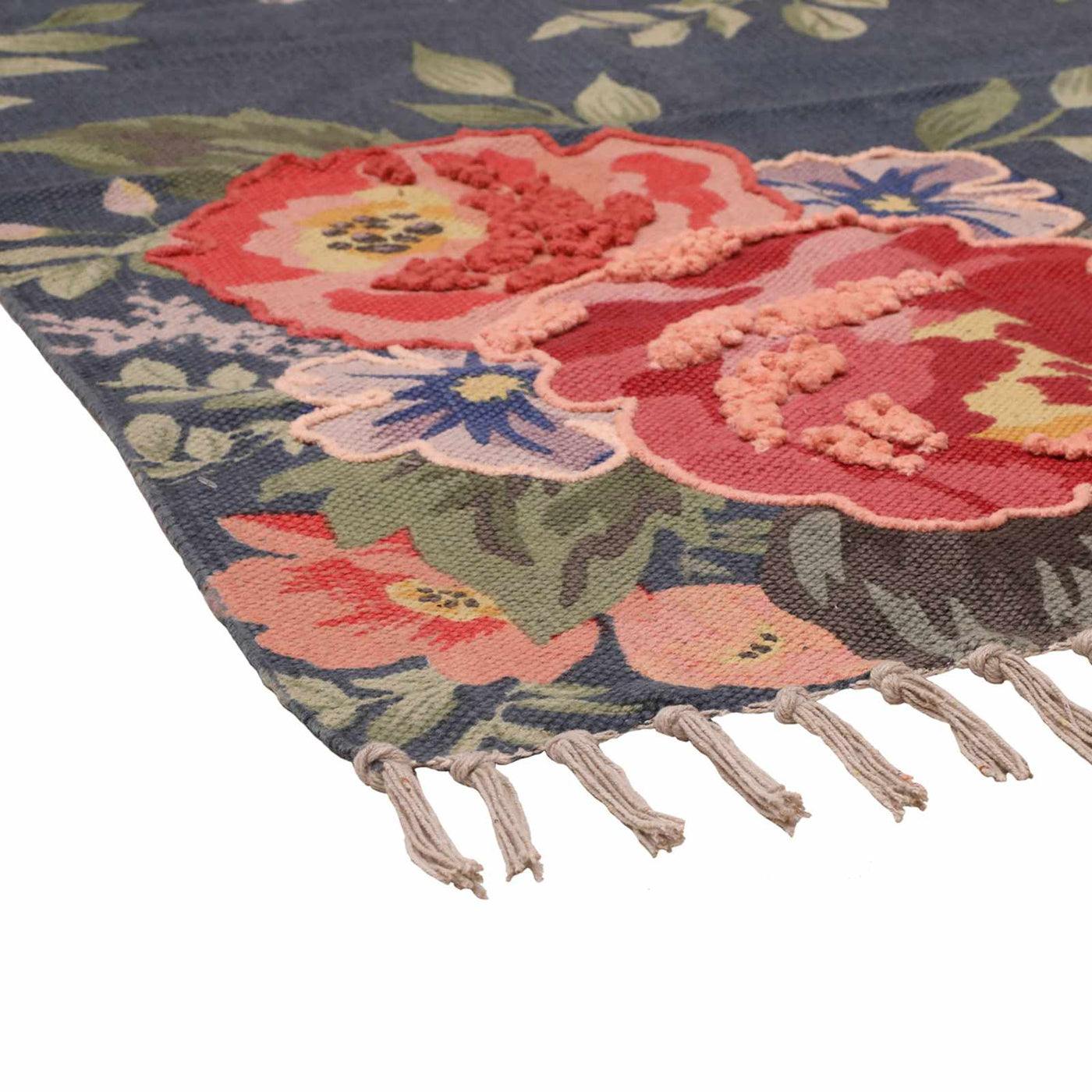 Large Floral Embroidered Navy Accent Rug — detail view 1