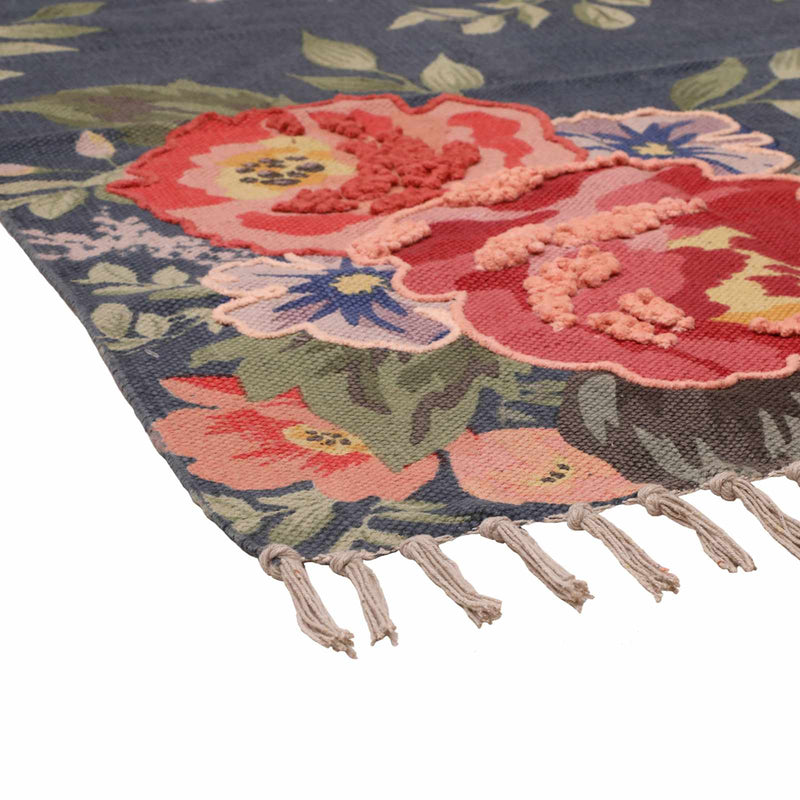 Large Floral Embroidered Navy Accent Rug
