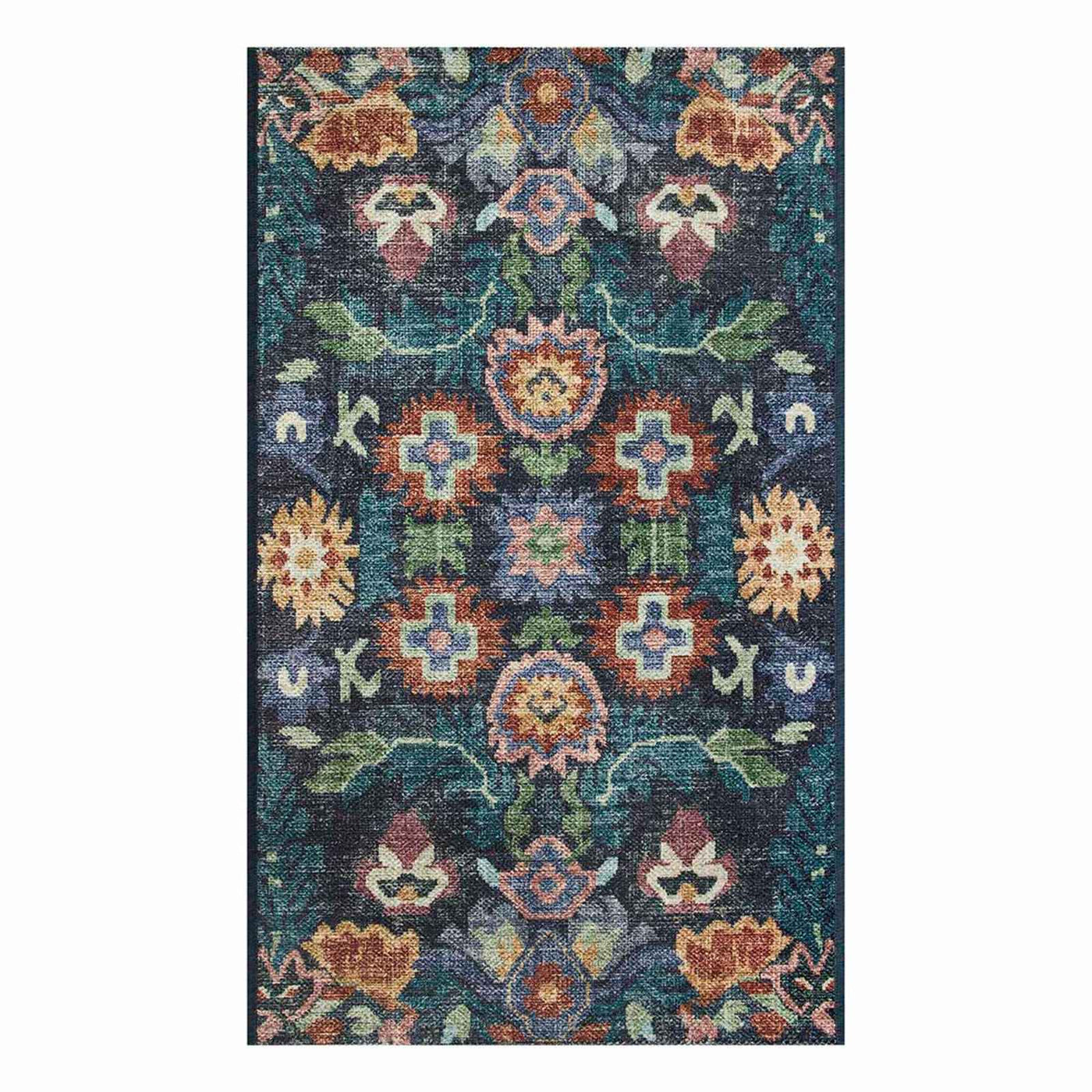 Navy Blue Traditional Print Washable Accent Rug